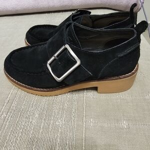 Clarks Black Suede Loafers with Silver Buckle